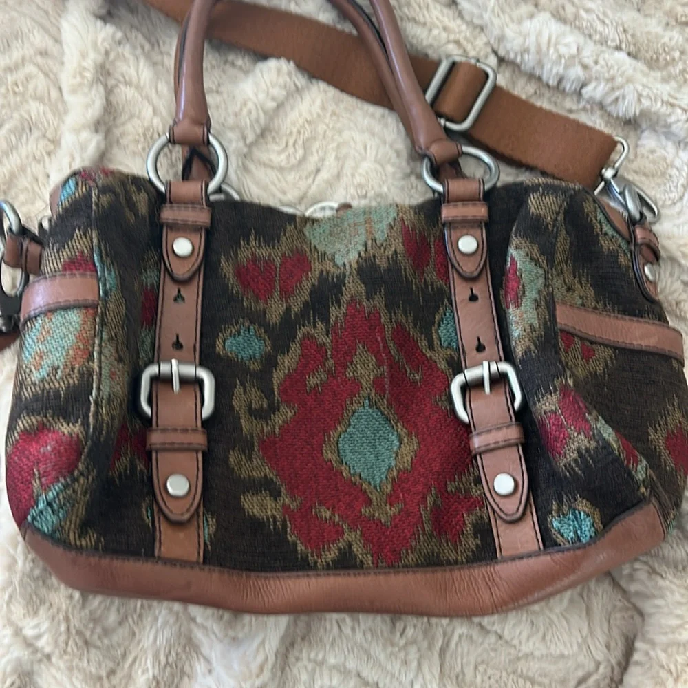 Fossil Multicolor Tapestry Satchel with Brown Leather Trim